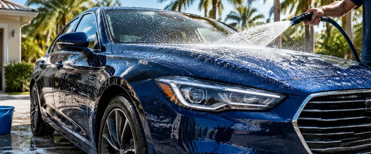 Blue vehicle being washed outdoors in Florida