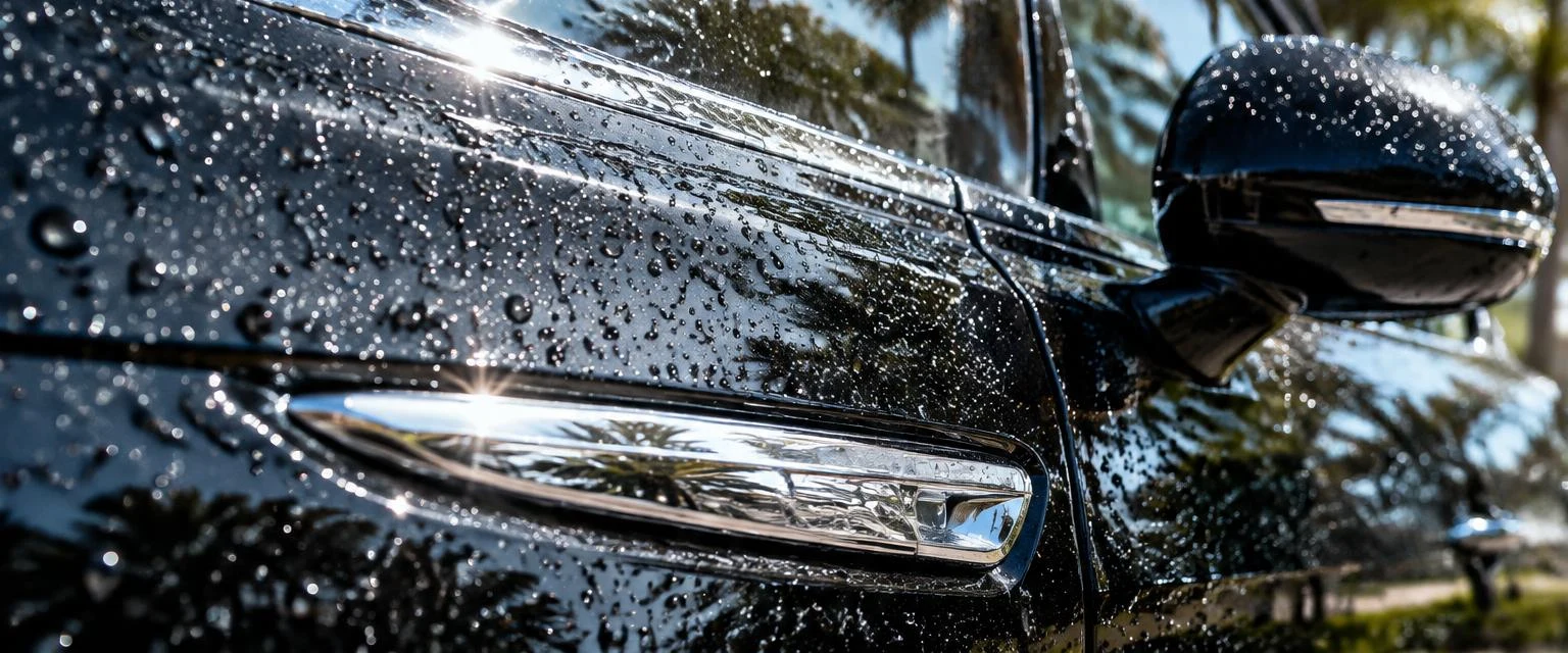Close-up of a freshly washed vehicle exterior