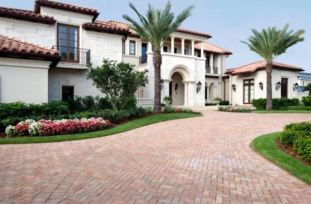 Patterned residential paver driveway