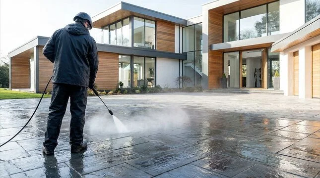 Professional pressure washing a modern home driveway