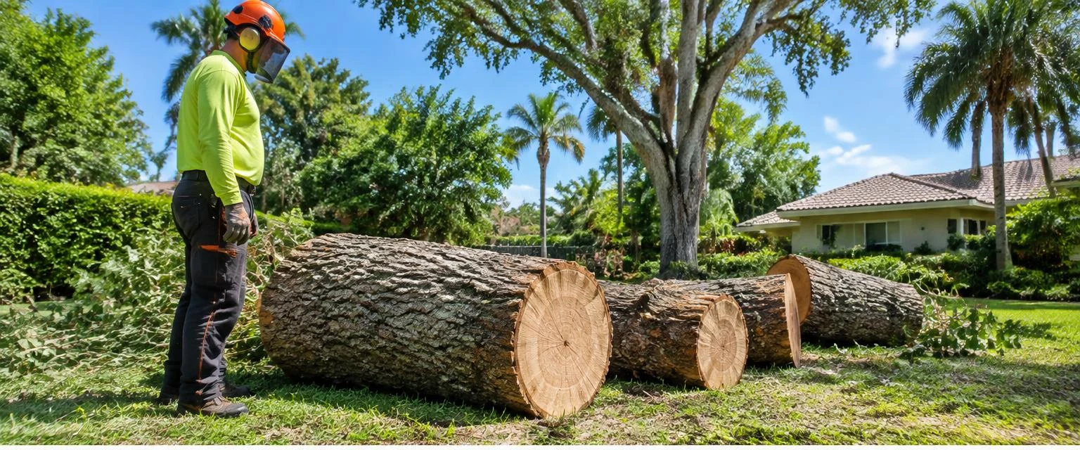 Illustrative tree removal scene in a Florida residential yard