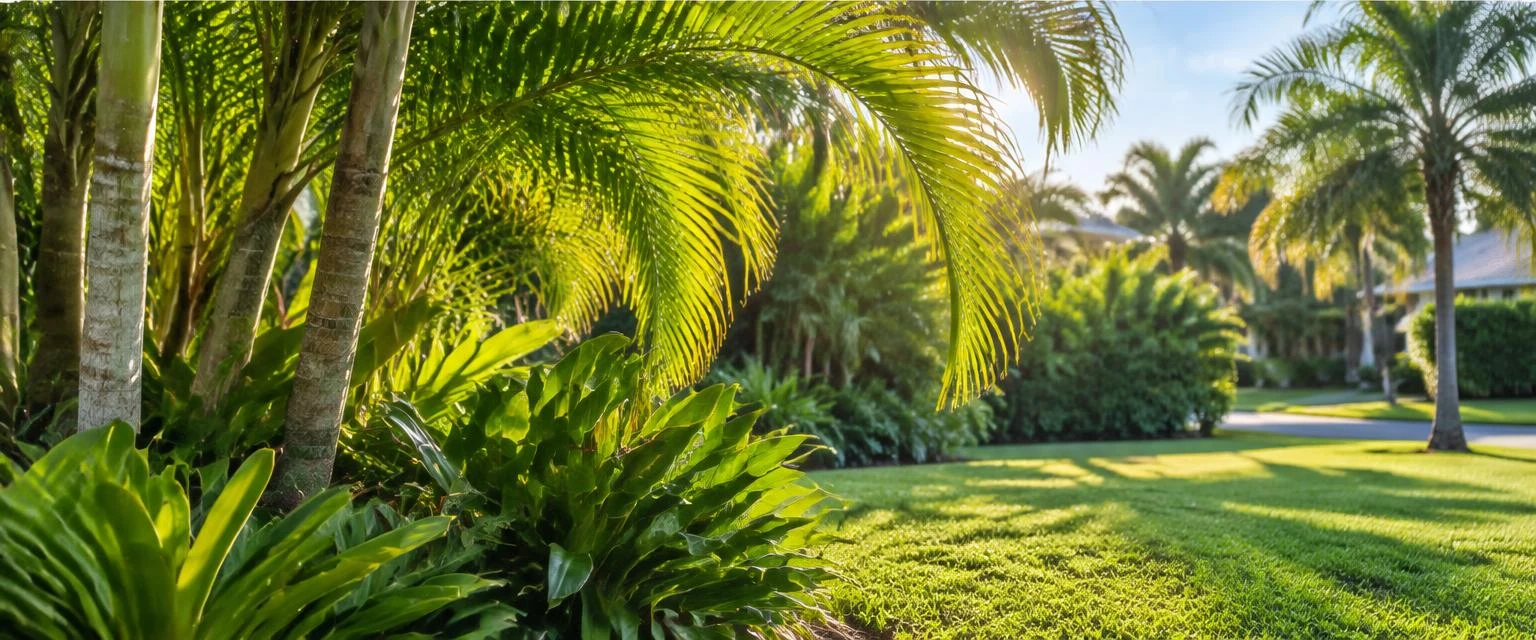Sunlit tropical greenery and lawn in Florida
